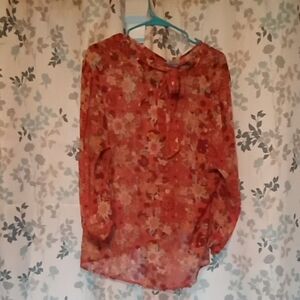 Red 3/4 Sleeve Tie Front Blouse with Mandarin Collar